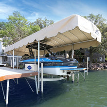 Shore Station legacy canopy frame and cover on a freestanding boat lift